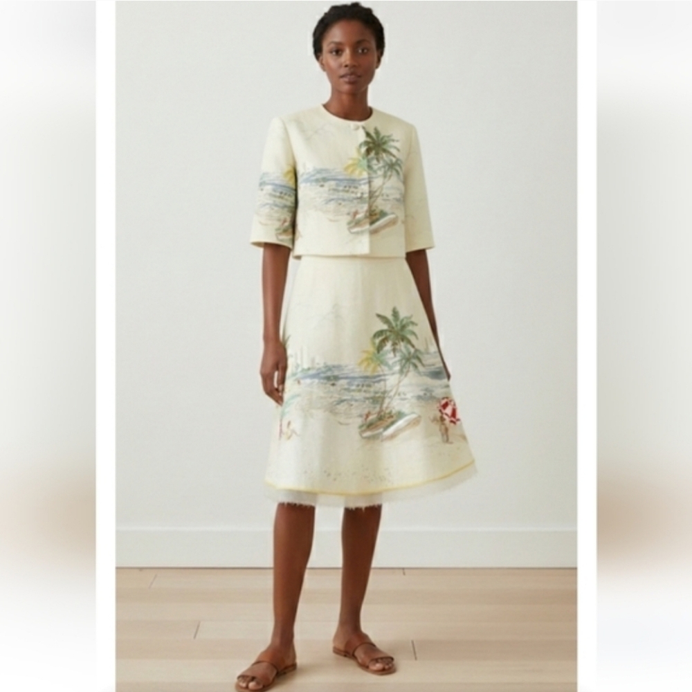 J. CREW Vintage Beach Scene Postcard Print Collectible Ecru Linen Skirt S RARE - Picture 2 of 12